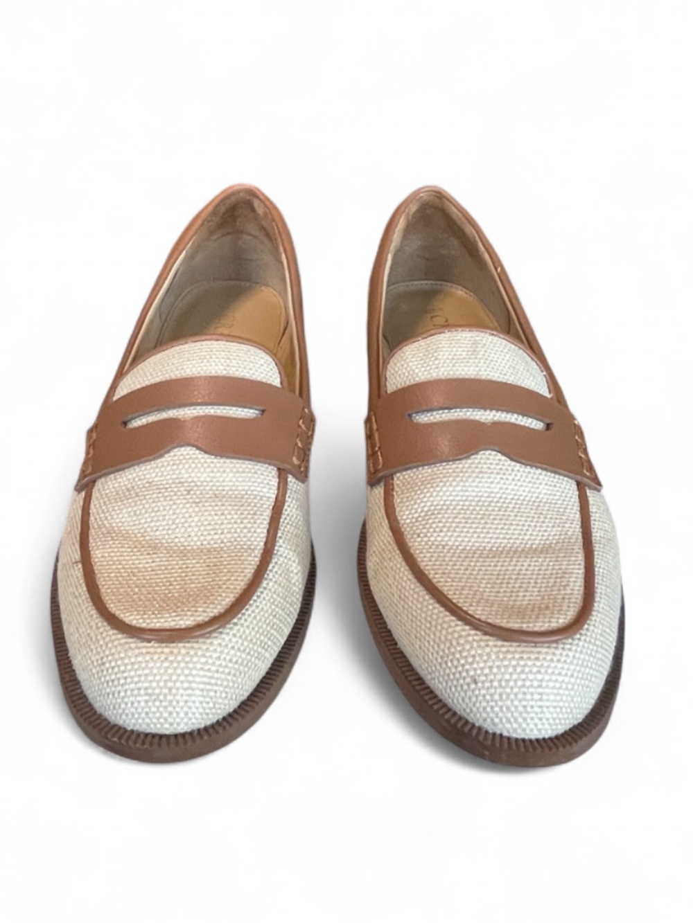 J.Crew Women’s Woven Linen Penny Loafers Tan with Brown Leather Trim Size 7.5
